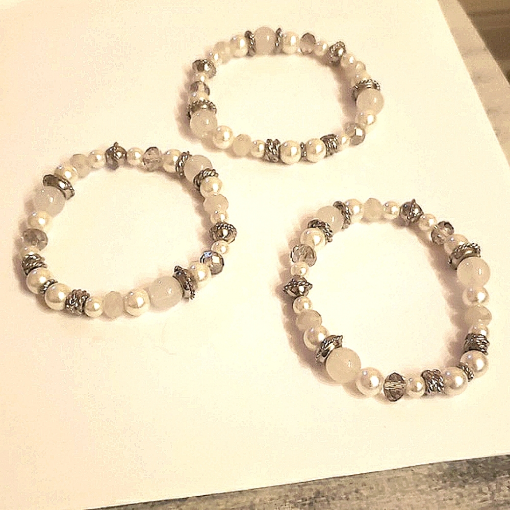 Triple Faux Pearl Mixed Stone Bracelets
